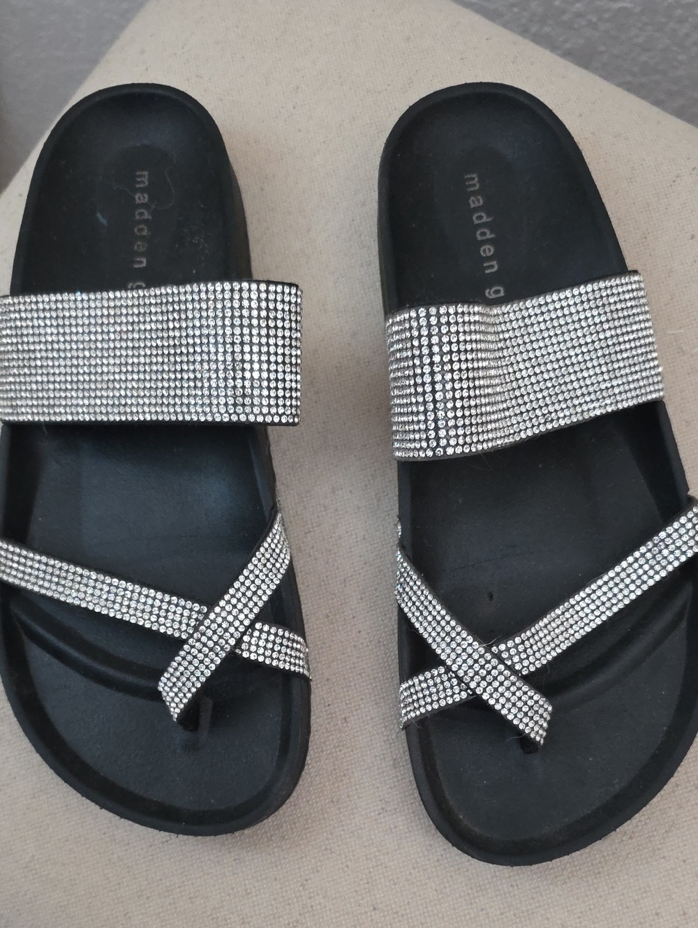 Madden Girl Black Sandals with Silver Rhinestone Straps Sz. 7.5